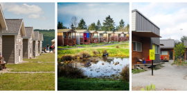 A triptych of three photographs showing small houses of different kinds.  The first photograhp has five micro peaked roof houses in a row receding into a background with hills, a doghouse in front and a house being built in the back.  The second has seven small houses with gently sloped roofs and various colors along a lanterned path, with a pond in the foreground.  The third shows four shipping container based houses along a splitting gravel path.