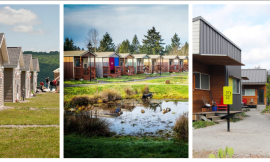 A triptych of three photographs showing small houses of different kinds.  The first photograhp has five micro peaked roof houses in a row receding into a background with hills, a doghouse in front and a house being built in the back.  The second has seven small houses with gently sloped roofs and various colors along a lanterned path, with a pond in the foreground.  The third shows four shipping container based houses along a splitting gravel path.